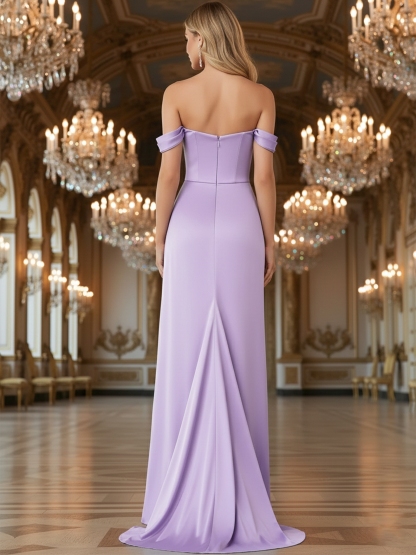 Satin Off the Shoulder Evening Dresses with Slit