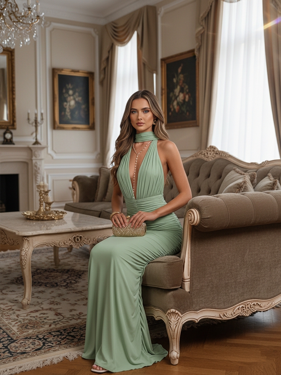 Chiffon Halter Evening Dresses with Pleated