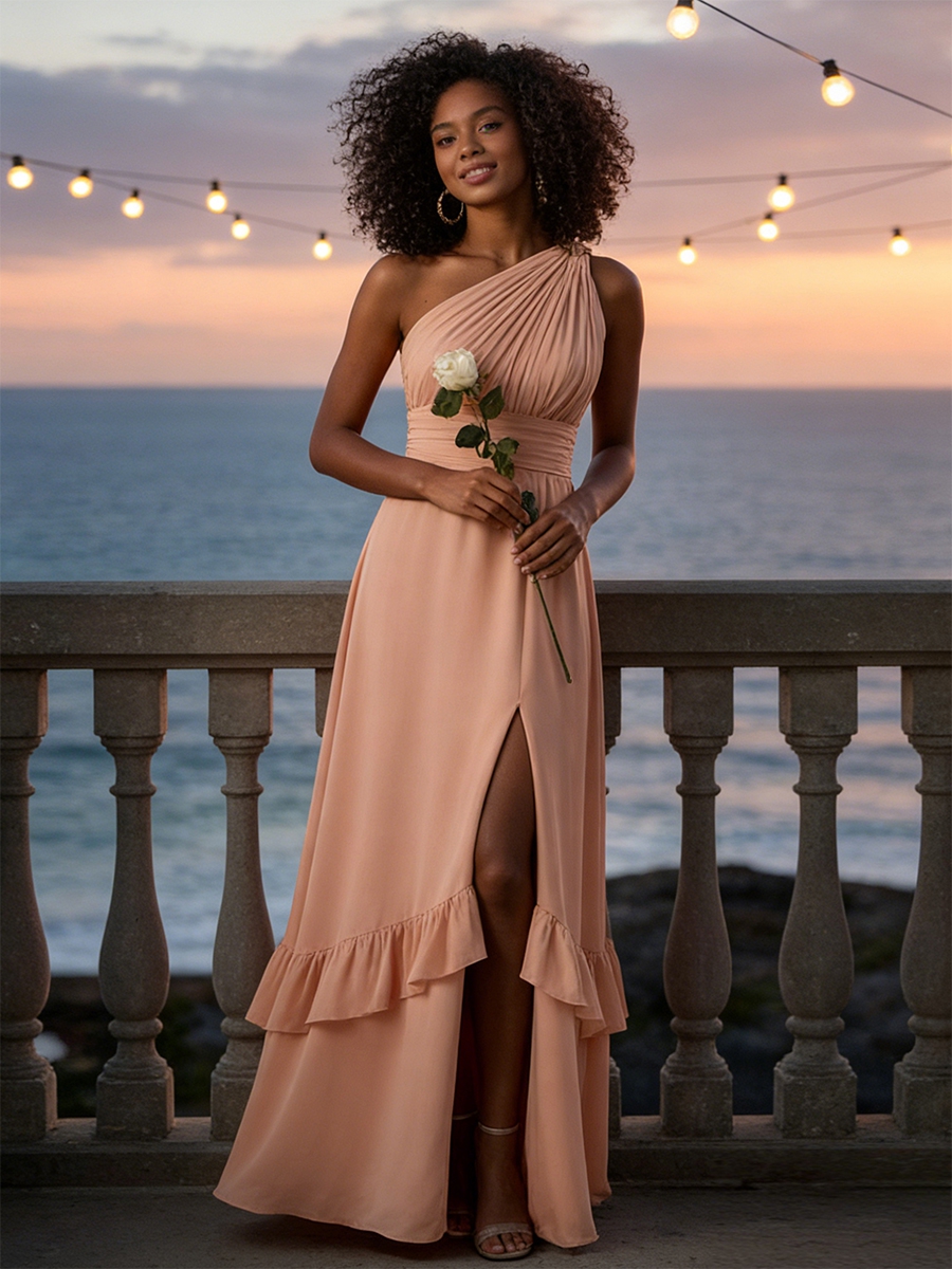 Chiffon One Shoulder Evening Dresses with Slit