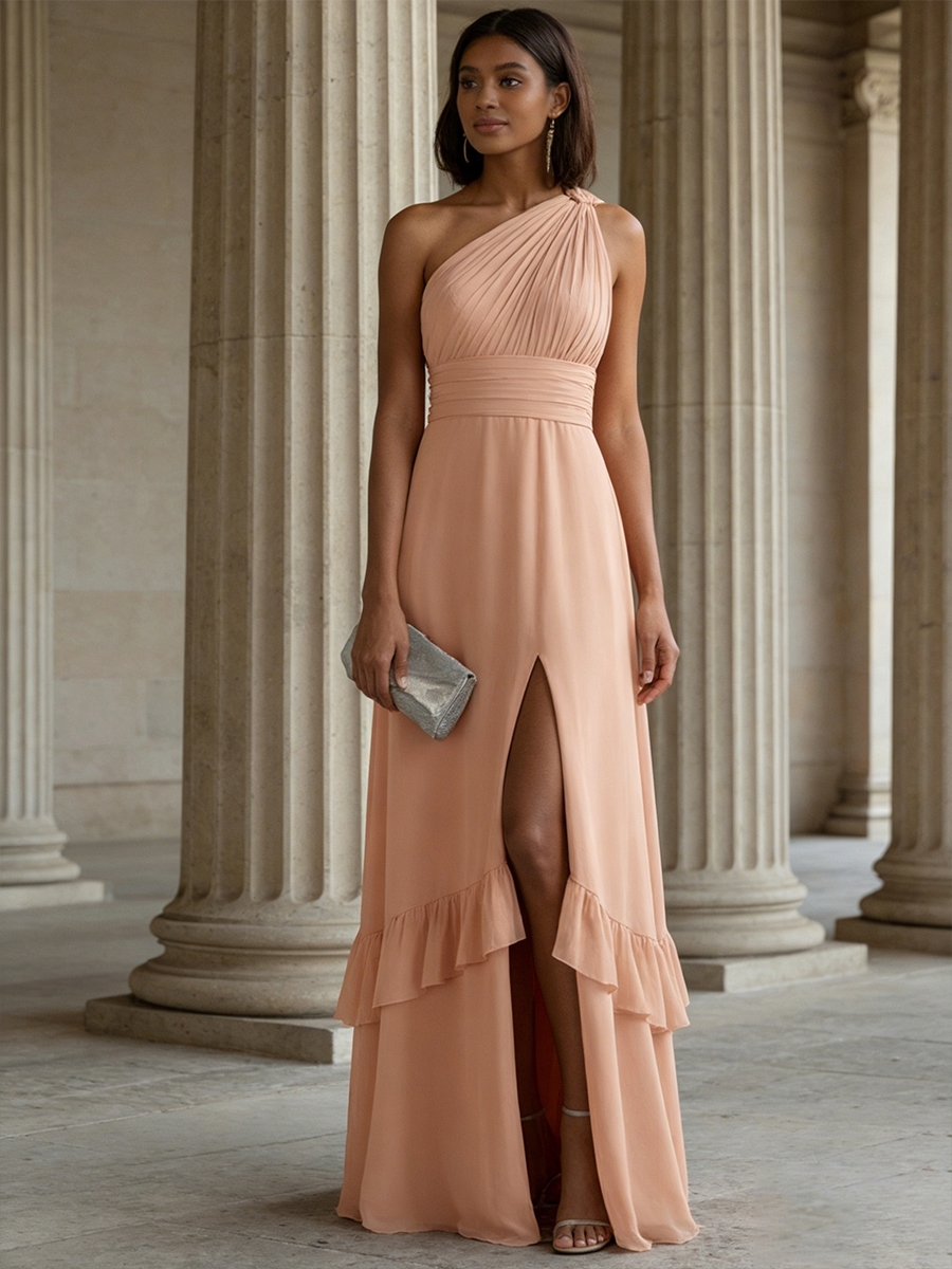 Chiffon One Shoulder Evening Dresses with Slit