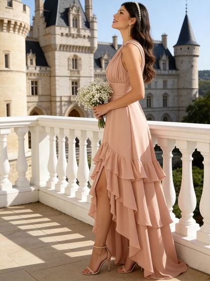 Chiffon One Shoulder Evening Dresses with Slit
