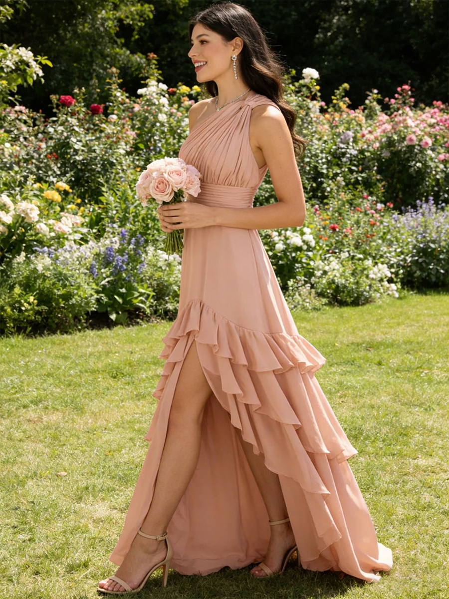 Chiffon One Shoulder Evening Dresses with Slit