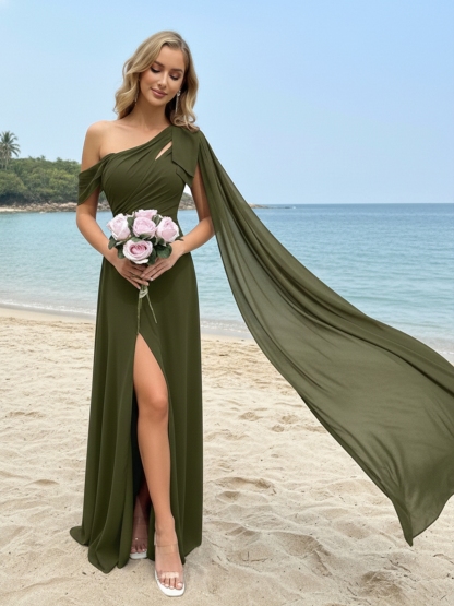 Chiffon One Shoulder Evening Dresses with Slit
