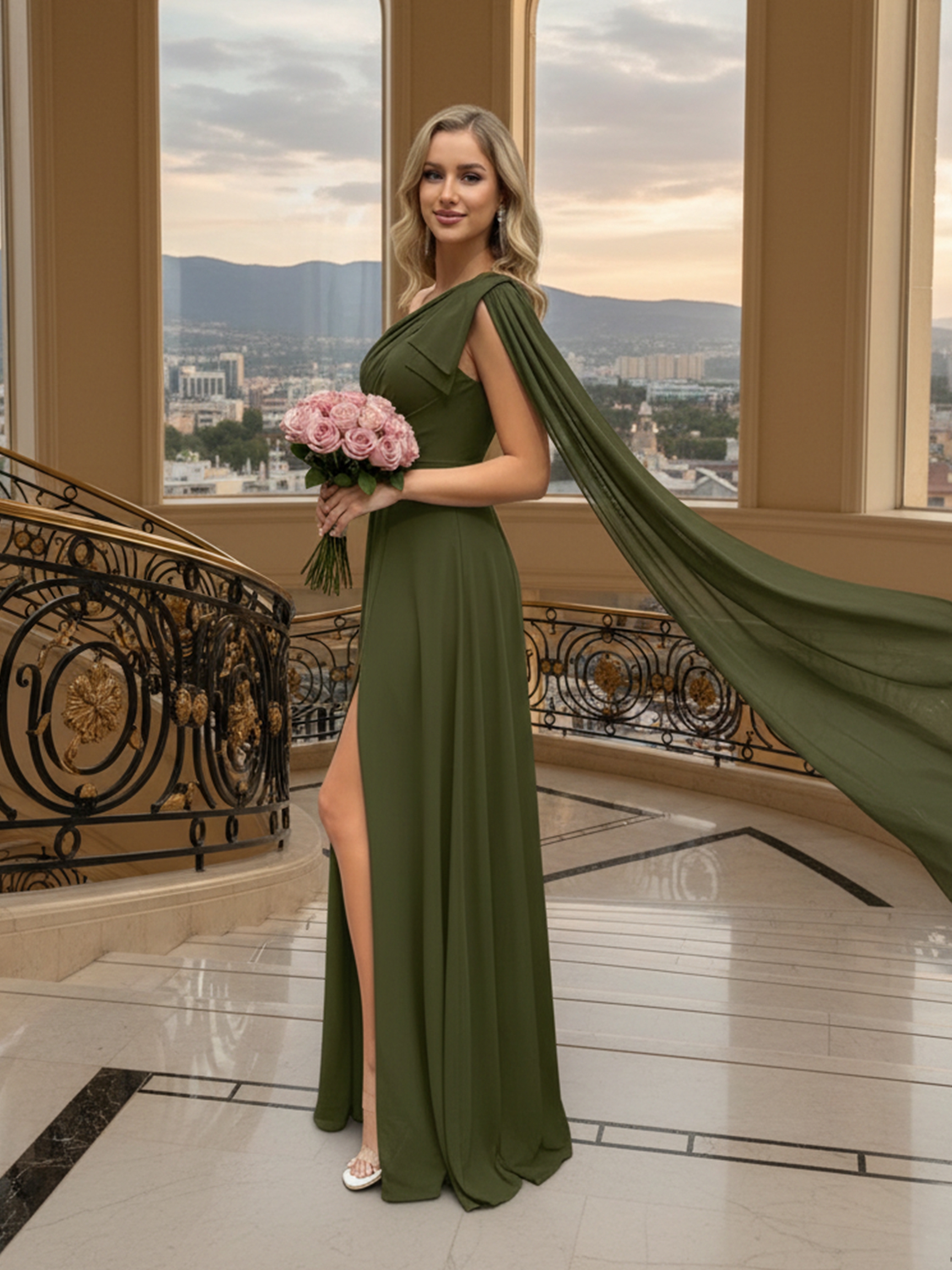 Chiffon One Shoulder Evening Dresses with Slit