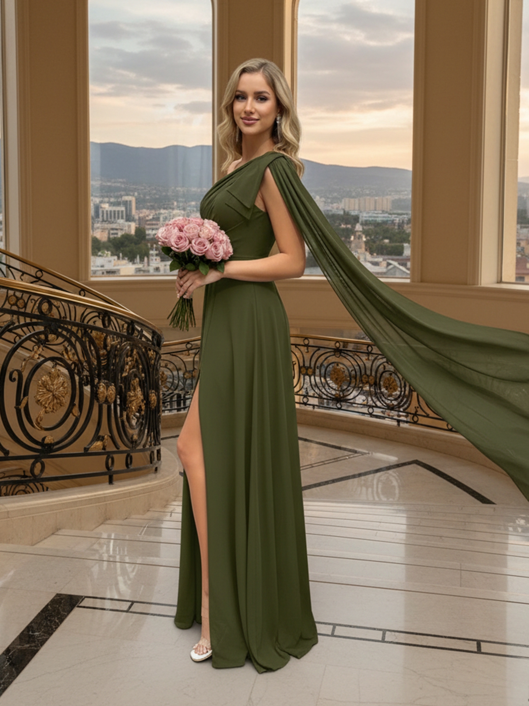 Chiffon One Shoulder Evening Dresses with Slit