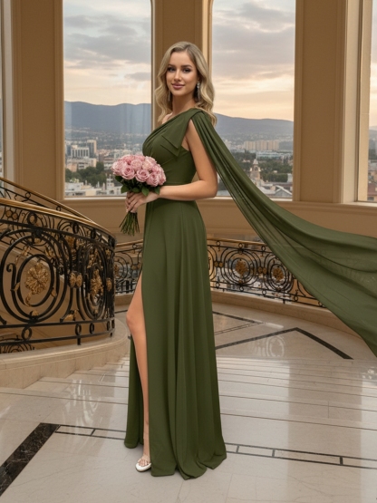 Chiffon One Shoulder Evening Dresses with Slit