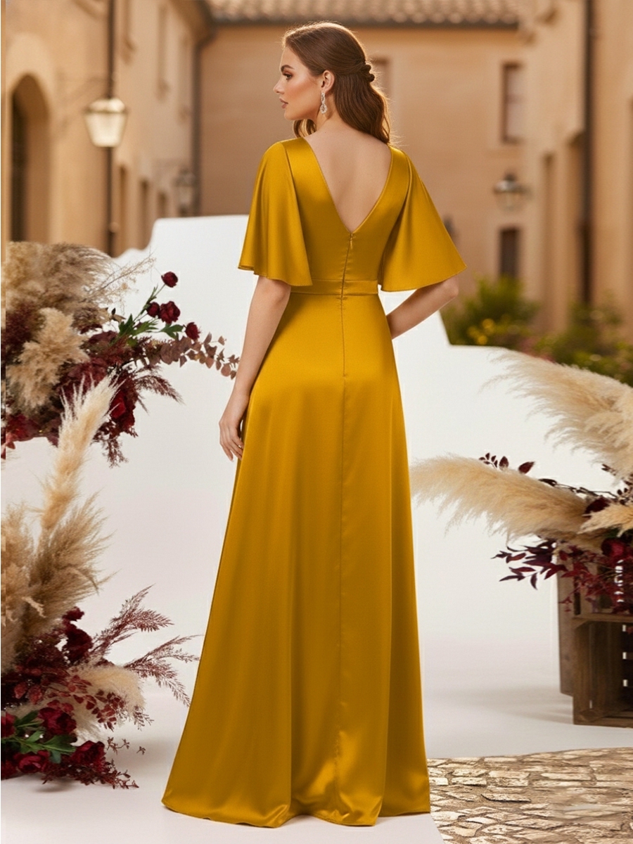 Satin V Neck Evening Dresses with Pleated