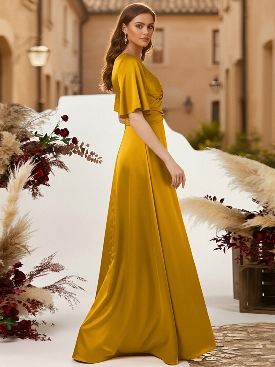 Satin V Neck Evening Dresses with Pleated