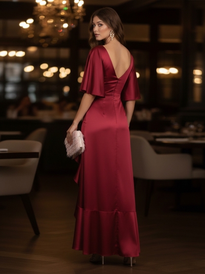 Satin Cowl Neck Evening Dresses with Slit