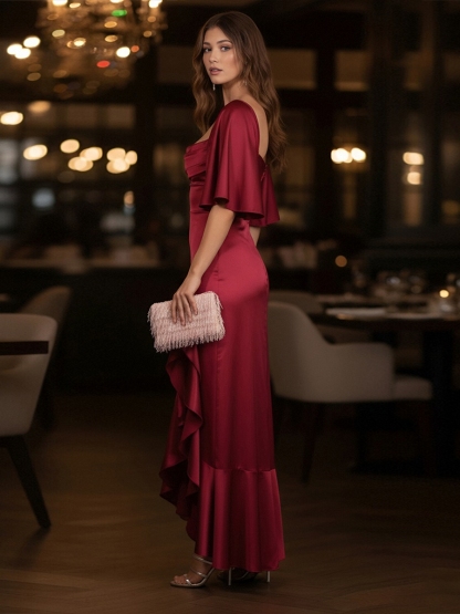 Satin Cowl Neck Evening Dresses with Slit