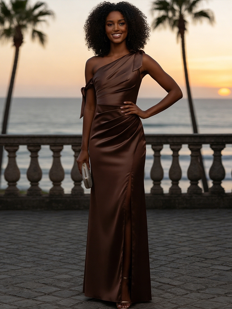 Satin One Shoulder Evening Dresses with Slit