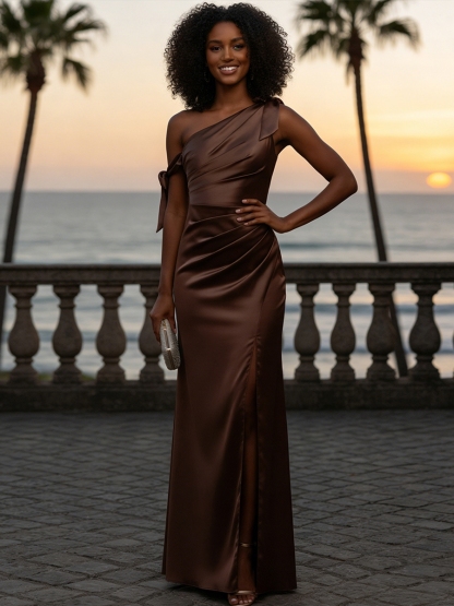 Satin One Shoulder Evening Dresses with Slit