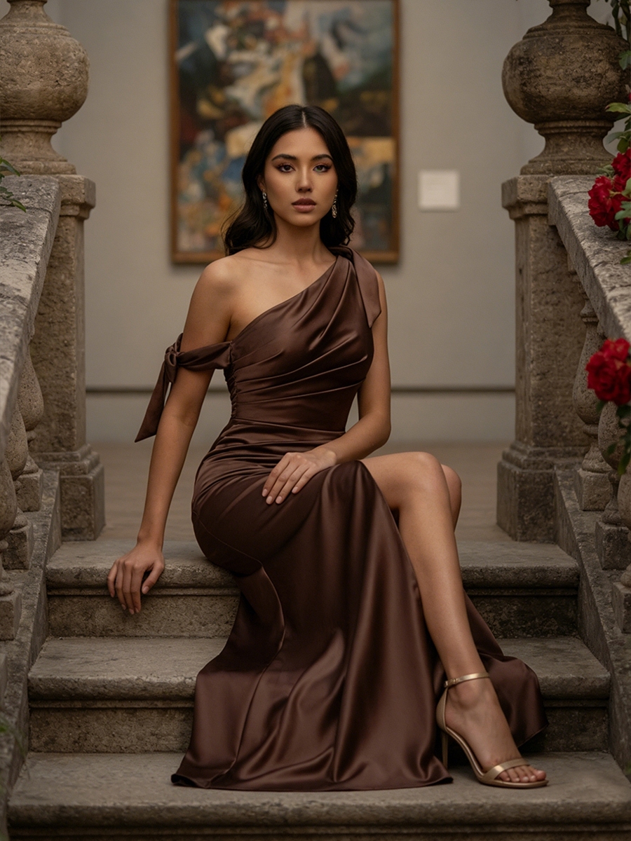 Satin One Shoulder Evening Dresses with Slit