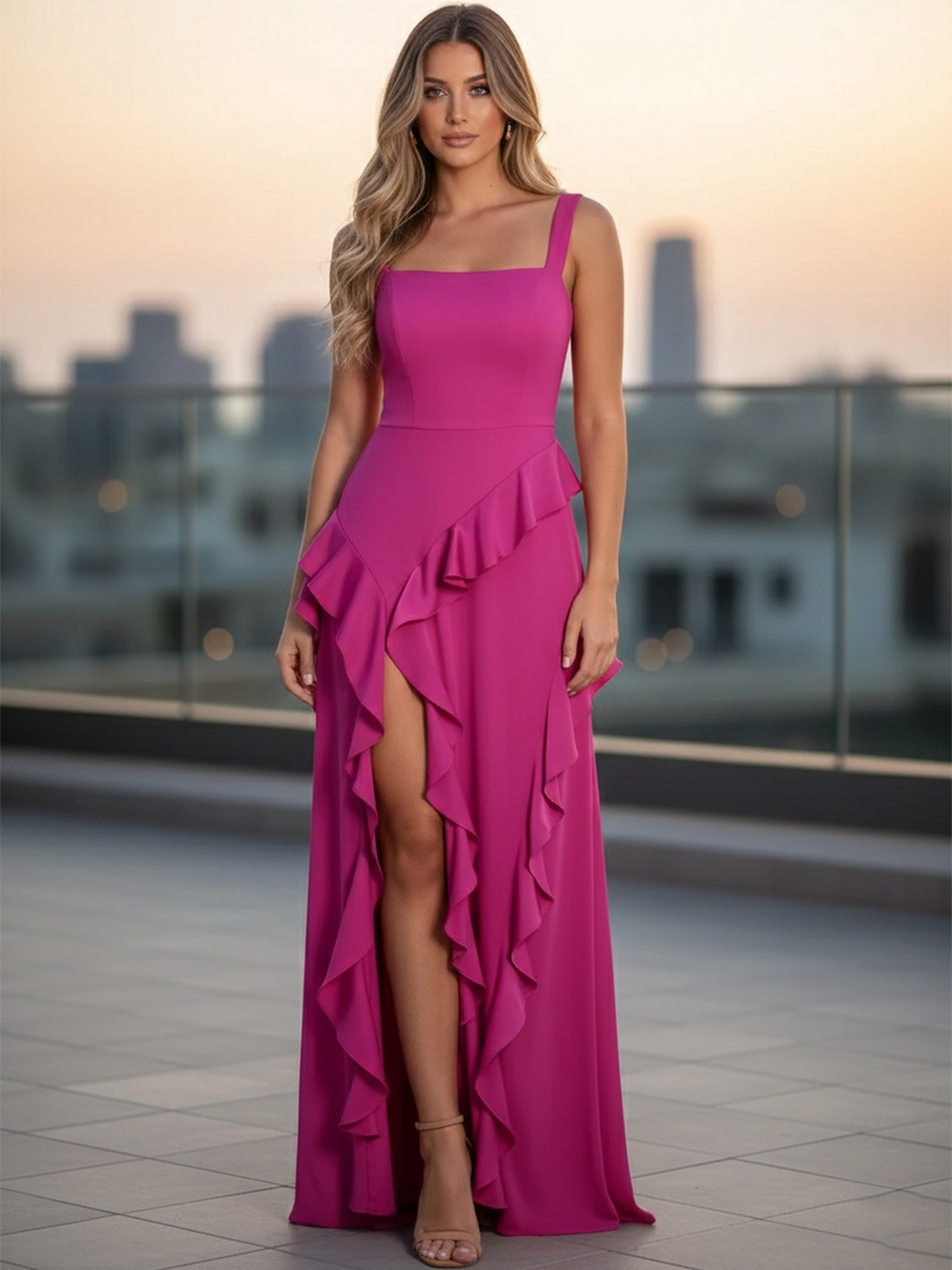 Satin Spaghetti Straps Evening Dresses with Slit