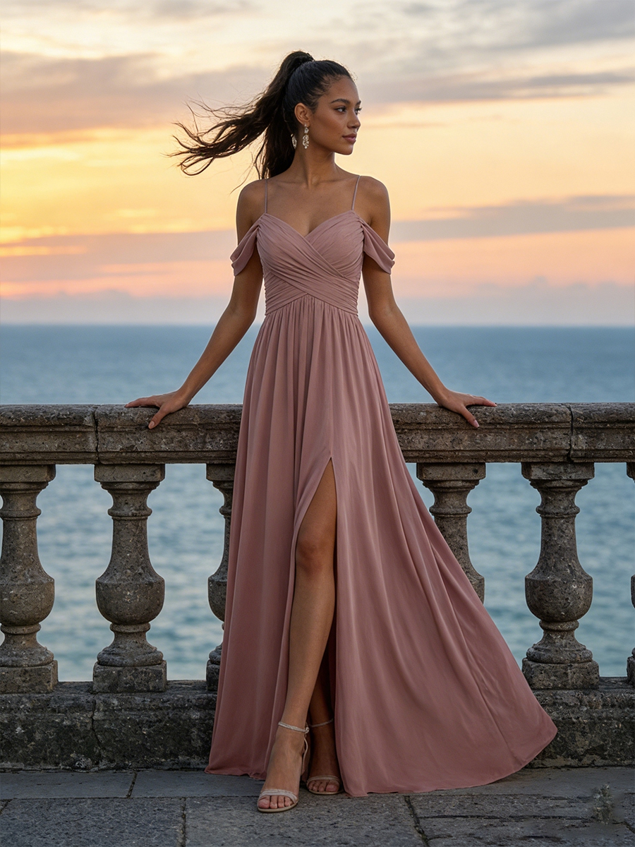 Chiffon Off Shoulder Evening Dresses with Slit