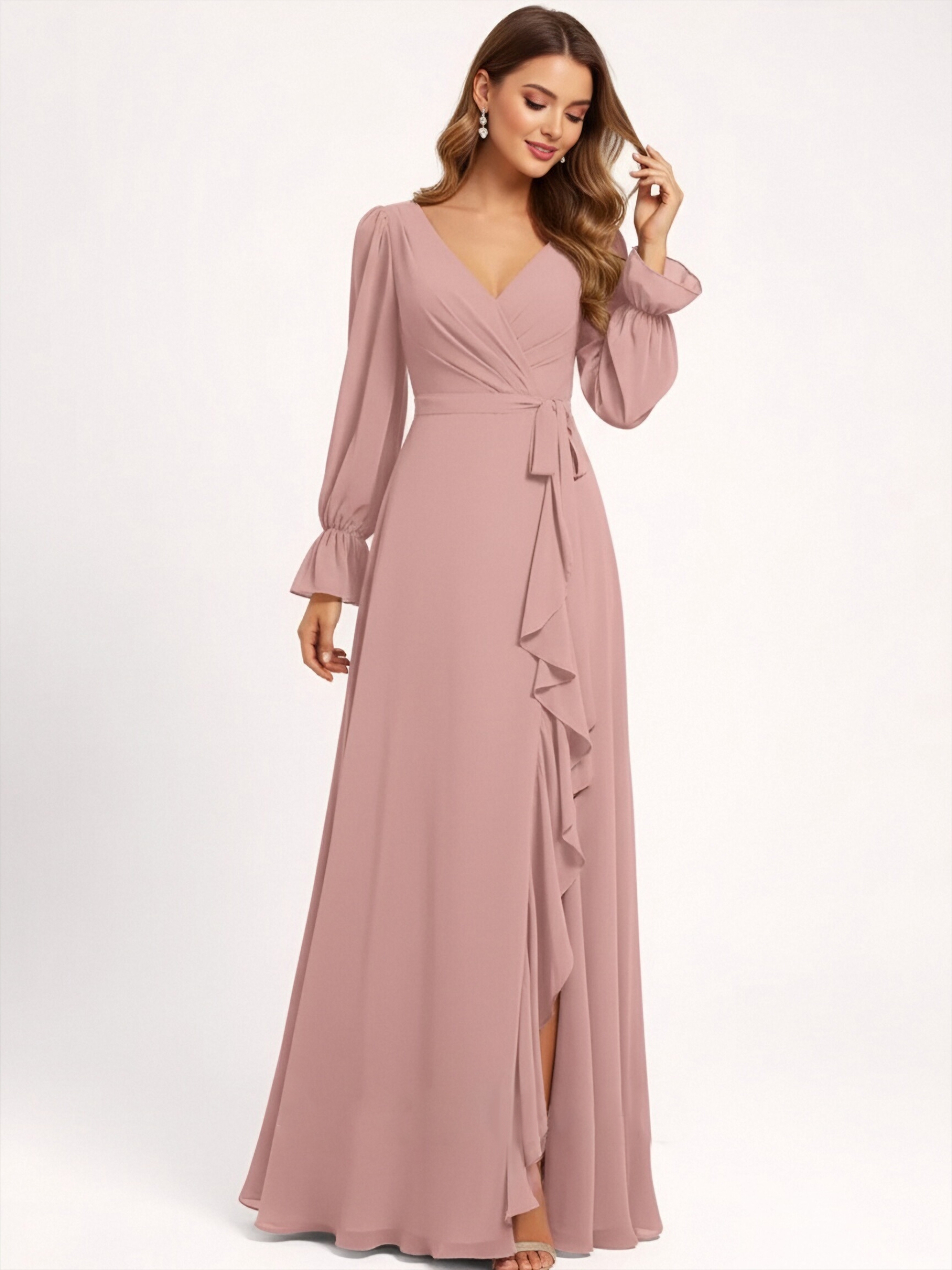 Chiffon V Neck Evening Dresses with Slit