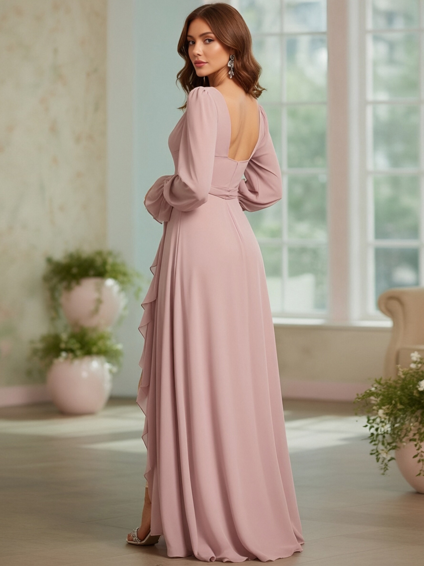 Chiffon V Neck Evening Dresses with Slit