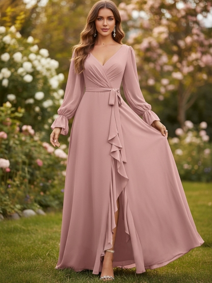 Chiffon V Neck Evening Dresses with Slit