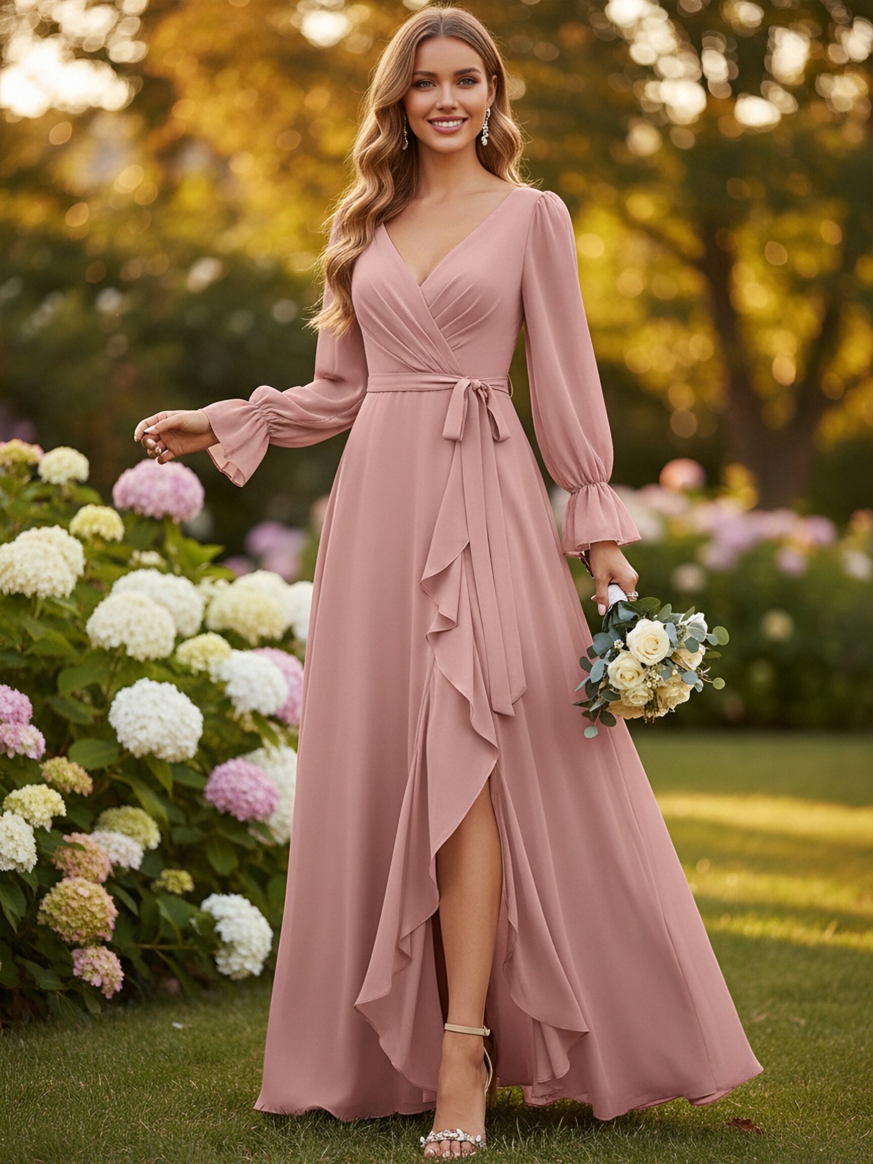 Chiffon V Neck Evening Dresses with Slit