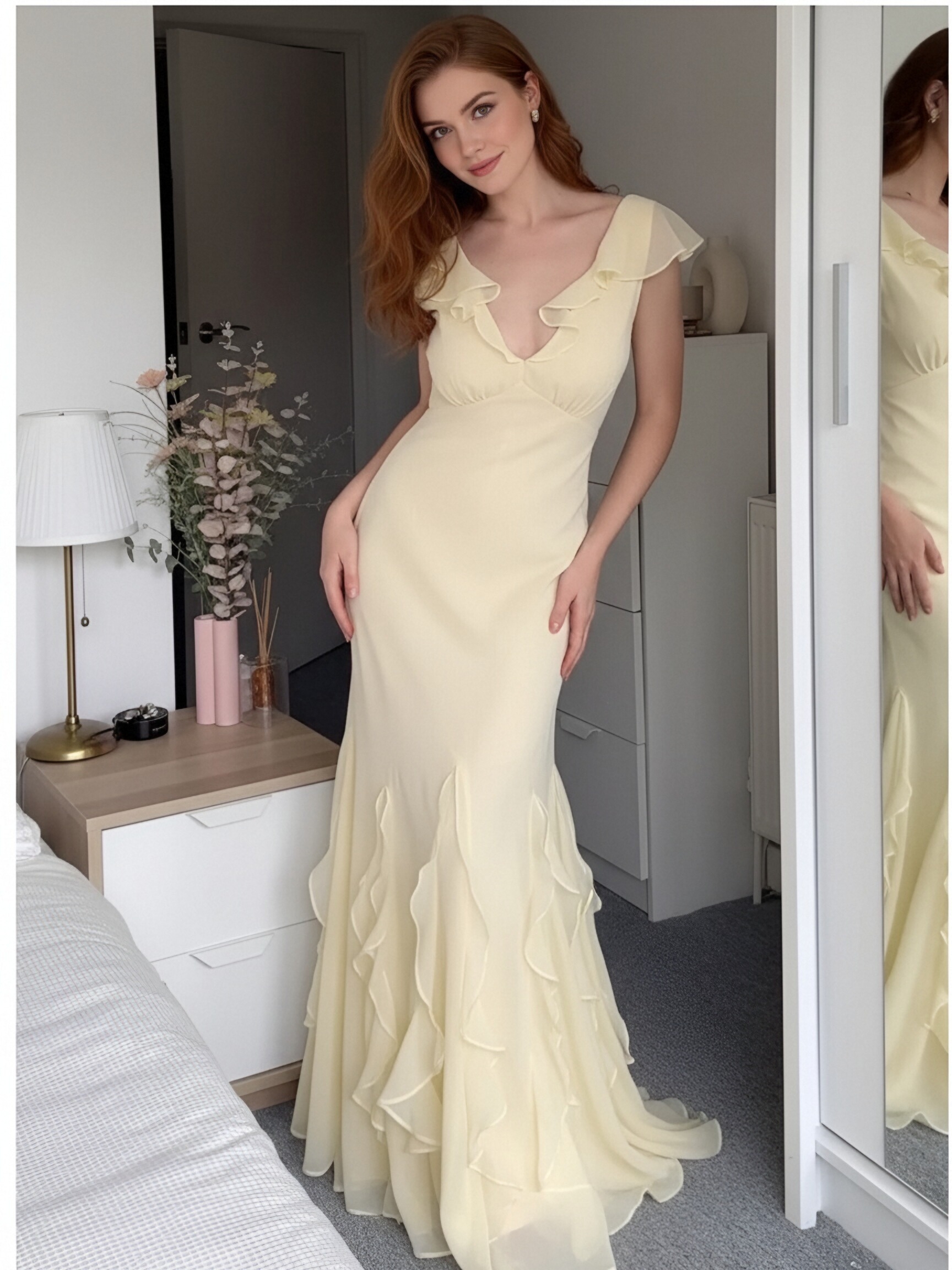 Chiffon Spaghetti Straps Ruffles Evening Dresses