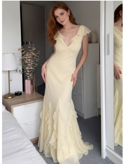 Chiffon Spaghetti Straps Ruffles Evening Dresses