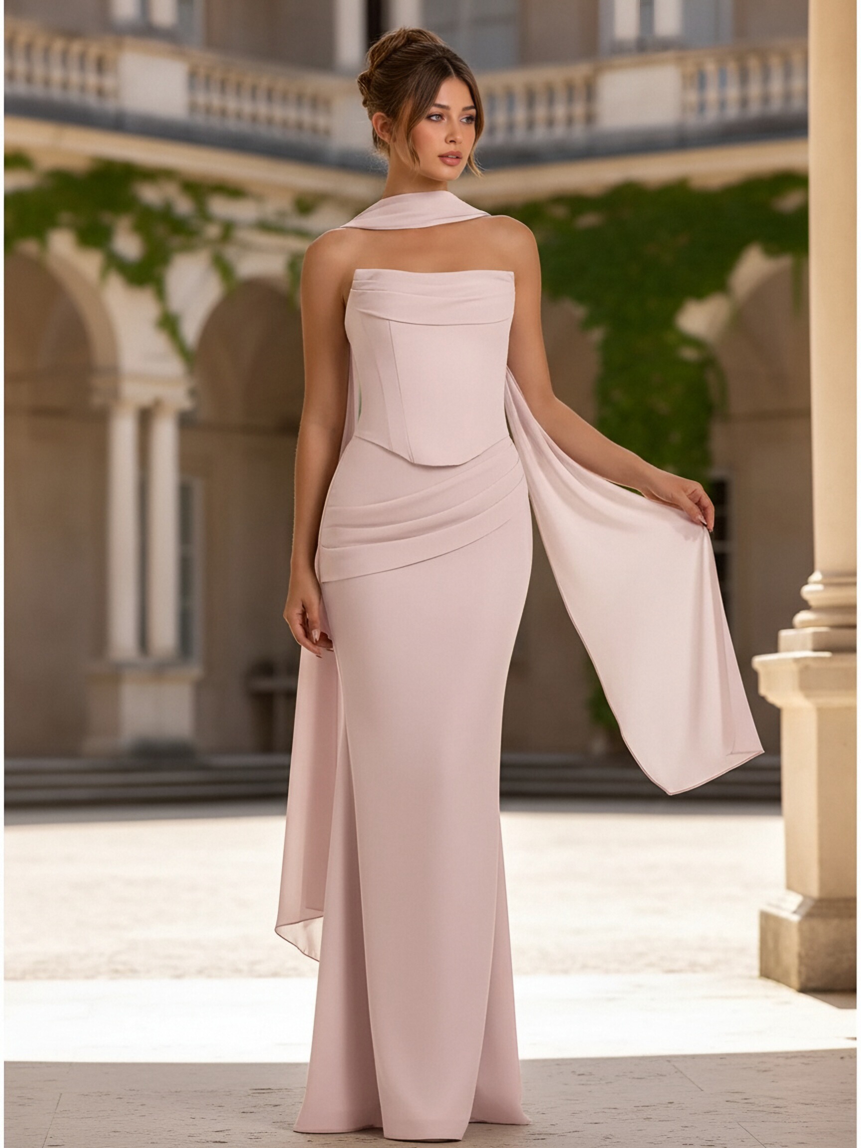 Satin Strapless Evening Dresses with Scarf