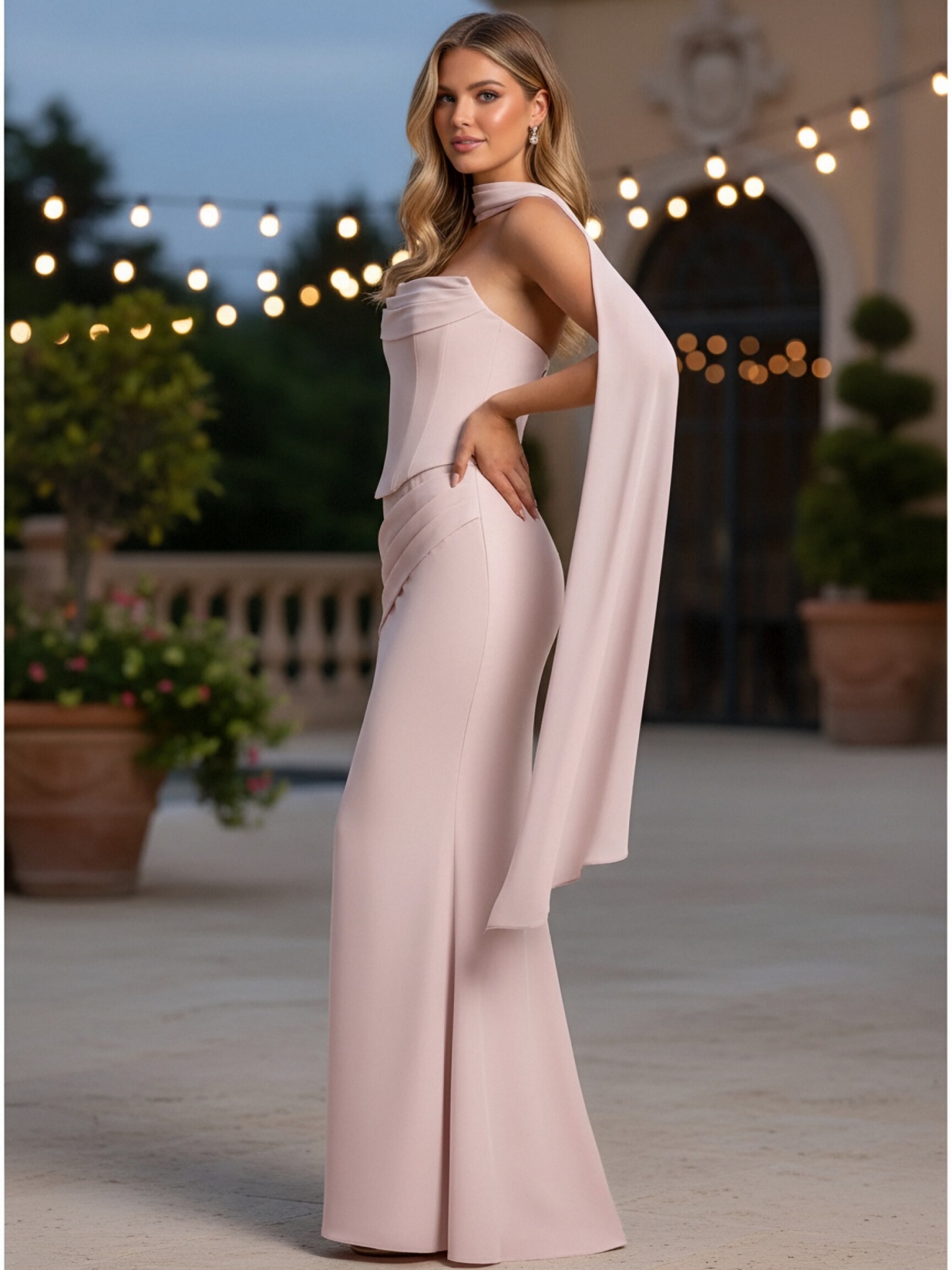 Satin Strapless Evening Dresses with Scarf