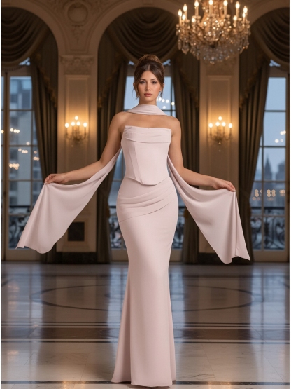 Satin Strapless Evening Dresses with Scarf