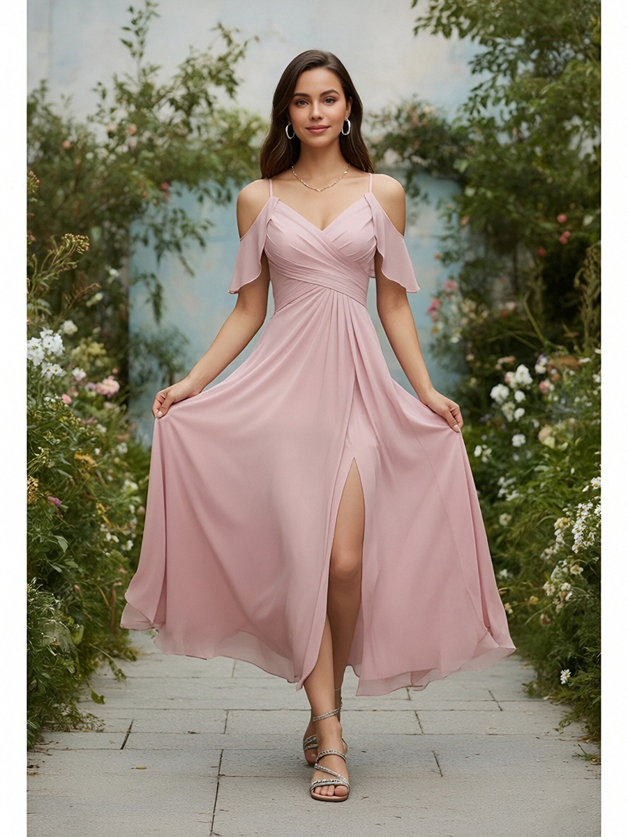 Chiffon Spaghetti Straps Evening Dresses with Slit