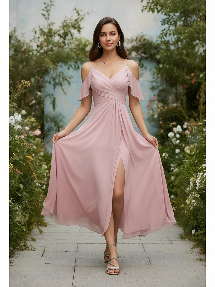 Chiffon Spaghetti Straps Evening Dresses with Slit