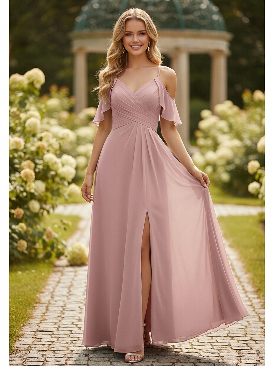 Chiffon Spaghetti Straps Evening Dresses with Slit