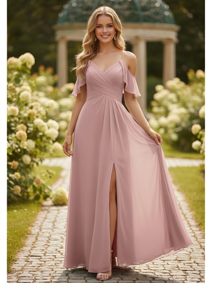 Chiffon Spaghetti Straps Evening Dresses with Slit