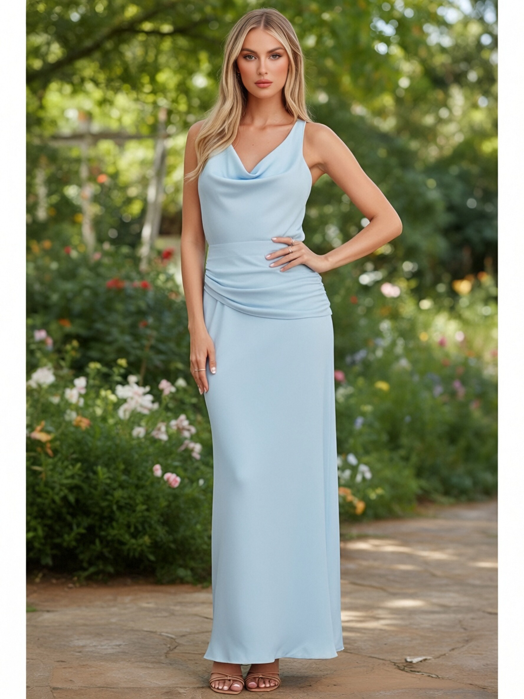 Satin Cowl Neck Evening Dresses with Pleated