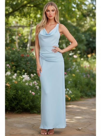 Satin Cowl Neck Evening Dresses with Pleated