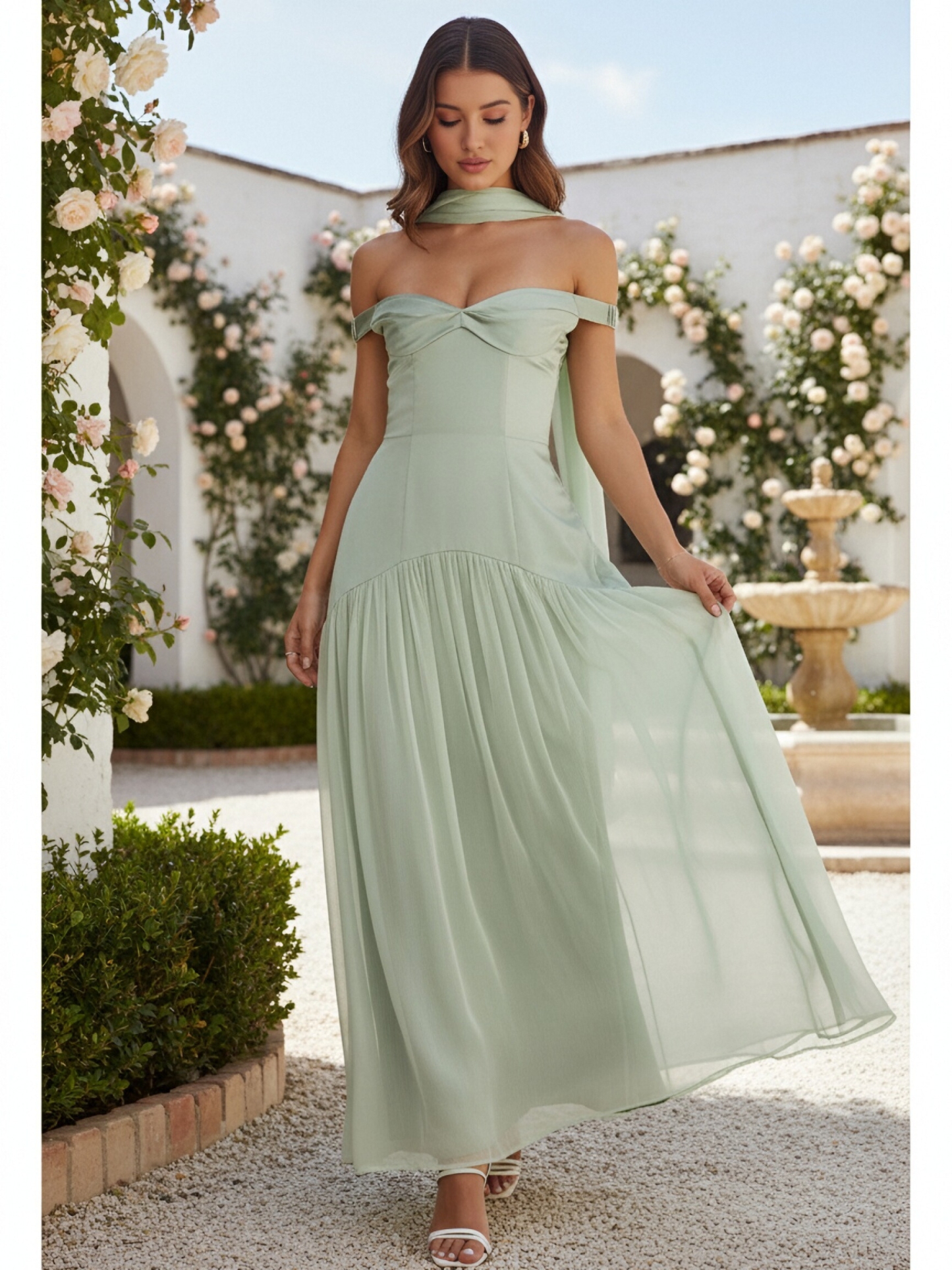 Chiffon Off Shoulder Evening Dresses with Scarf