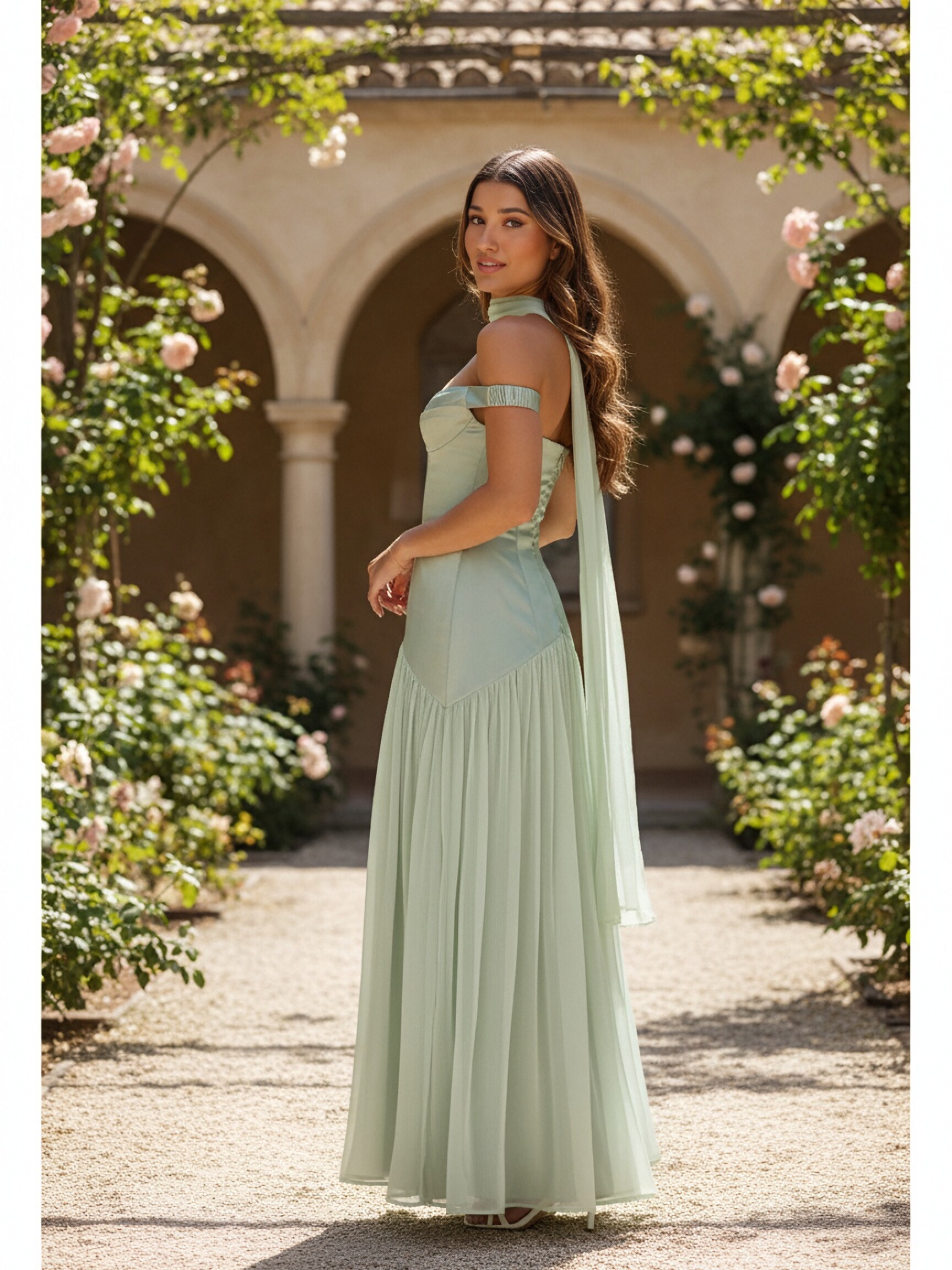 Chiffon Off Shoulder Evening Dresses with Scarf