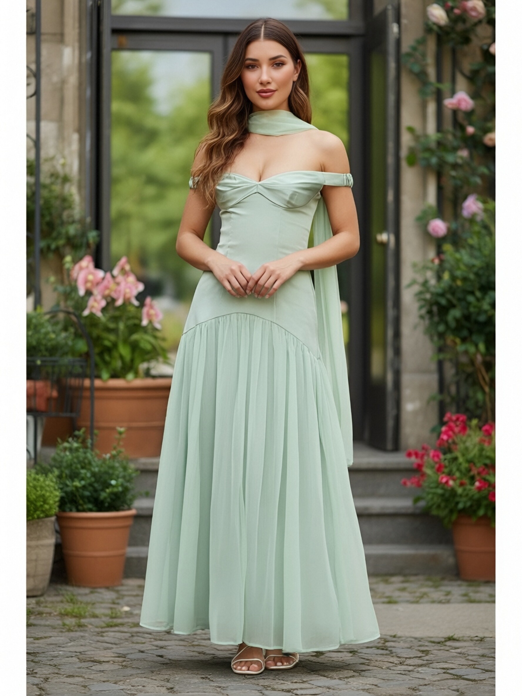 Chiffon Off Shoulder Evening Dresses with Scarf