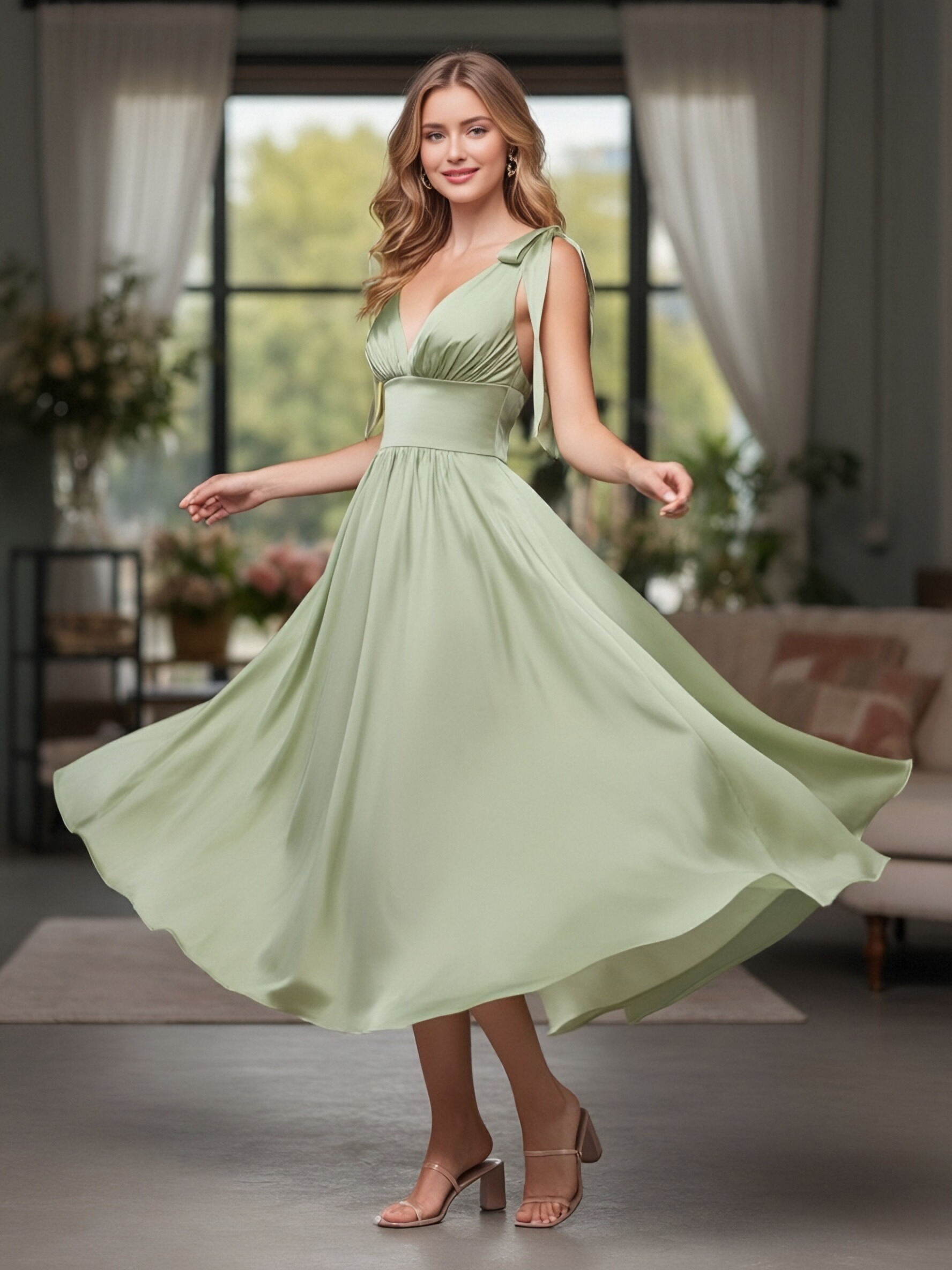 Satin Spaghetti Straps Evening Dresses with Back Tie