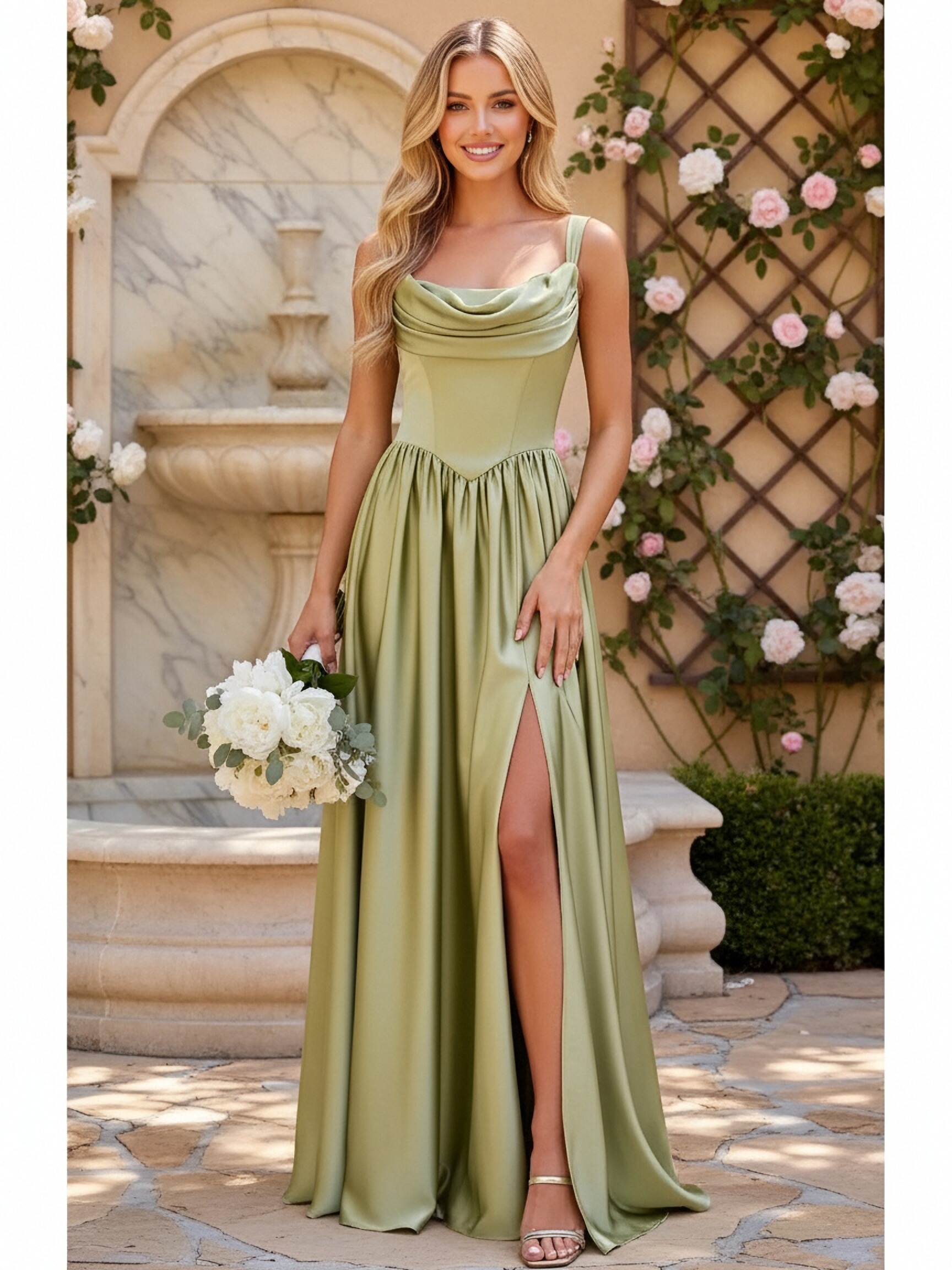 Satin Spaghetti Straps Drop Neck Evening Dresses with Slit