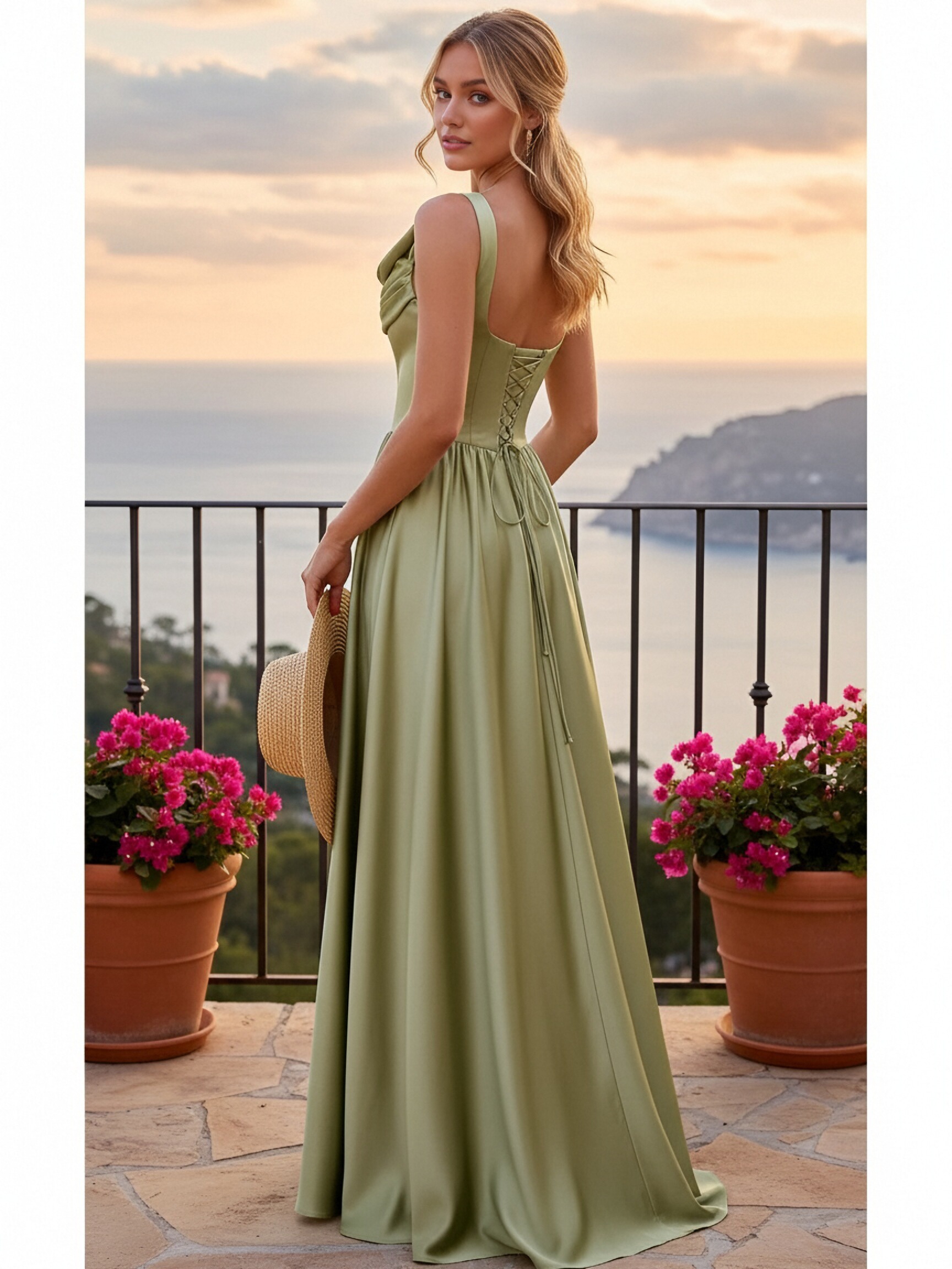 Satin Spaghetti Straps Drop Neck Evening Dresses with Slit