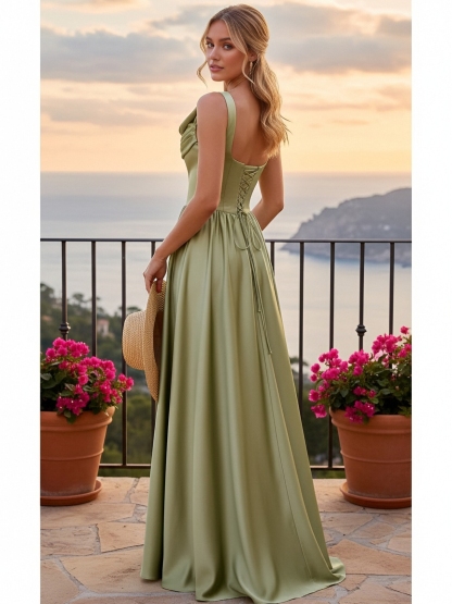Satin Spaghetti Straps Drop Neck Evening Dresses with Slit