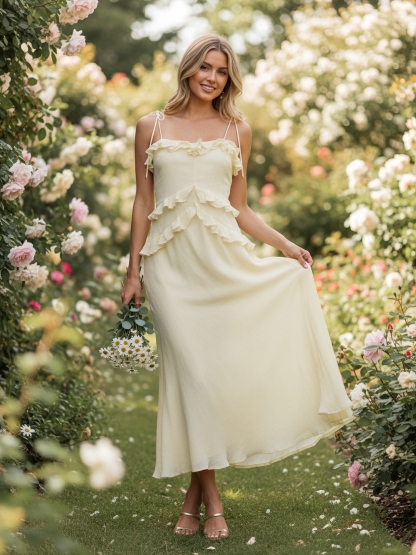 Chiffon Spaghetti Straps Evening Dresses with Ruffles