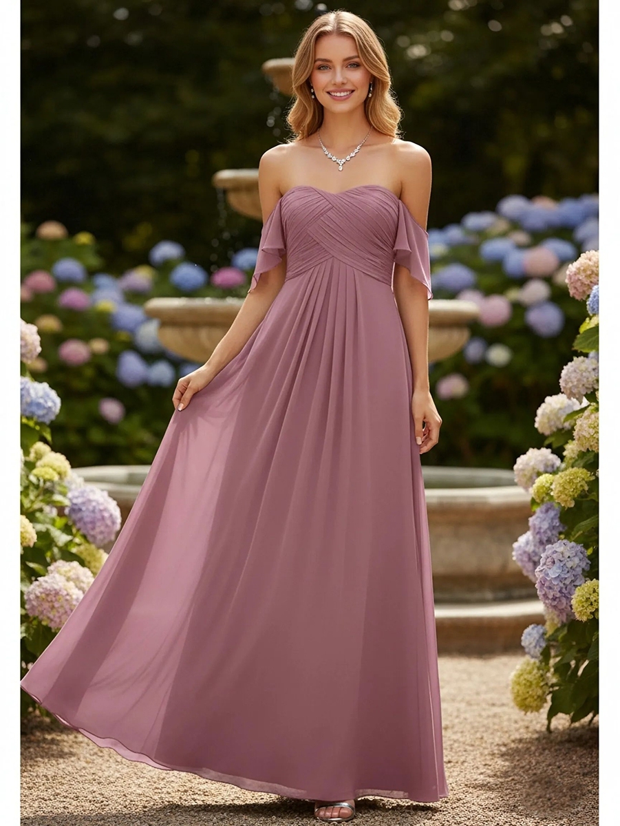 Chiffon Off Shoulder Evening Dresses with Pleats