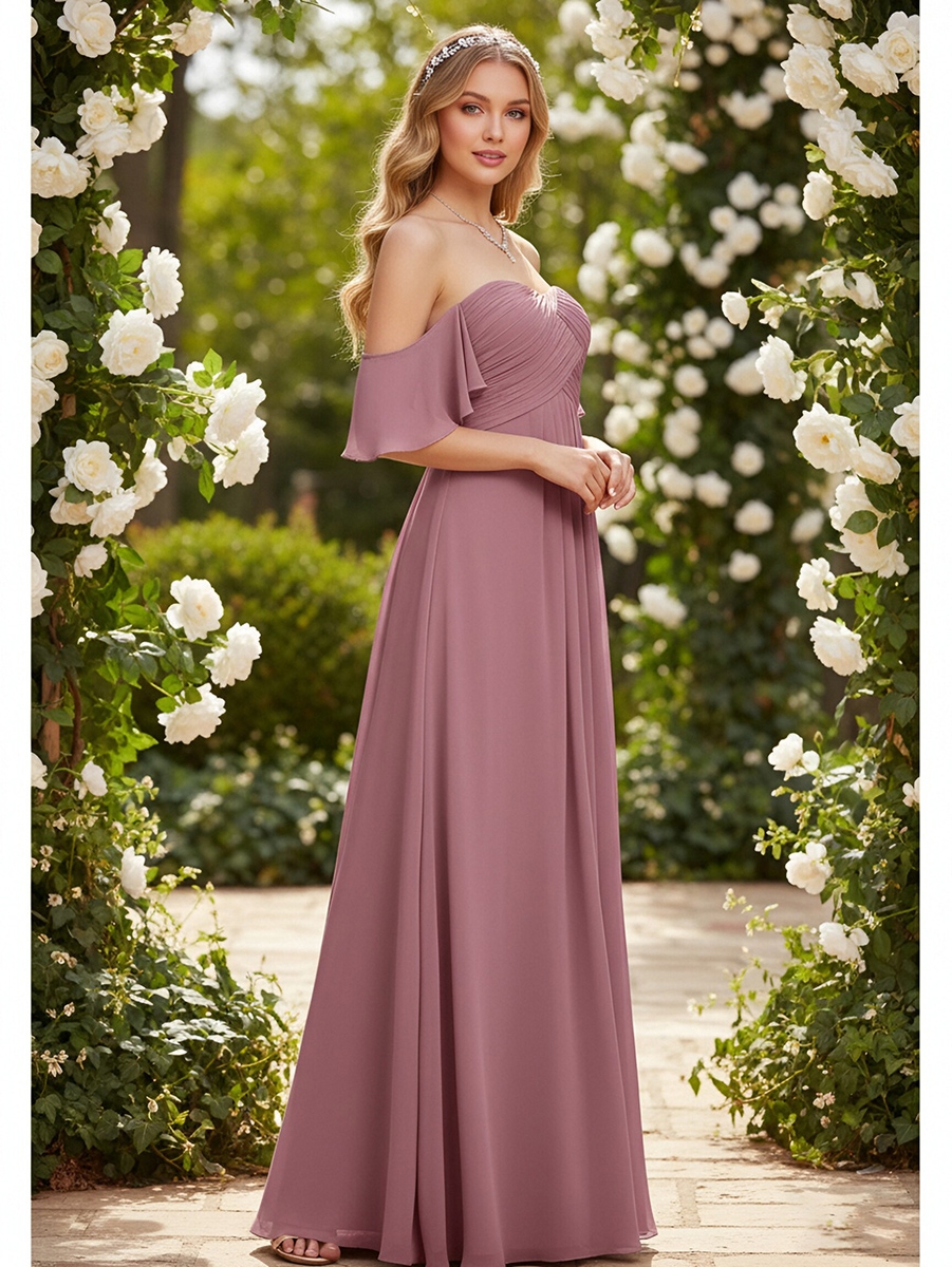 Chiffon Off Shoulder Evening Dresses with Pleats