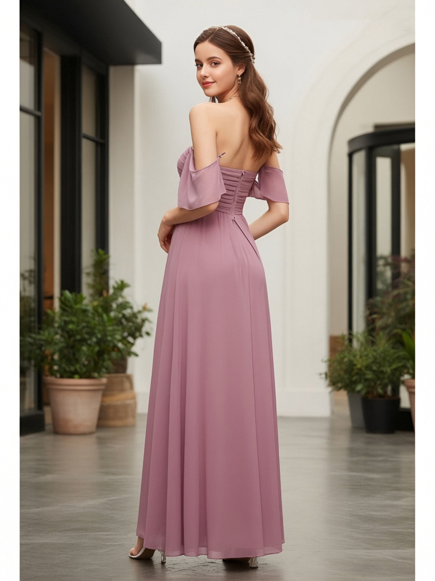 Chiffon Off Shoulder Evening Dresses with Pleats
