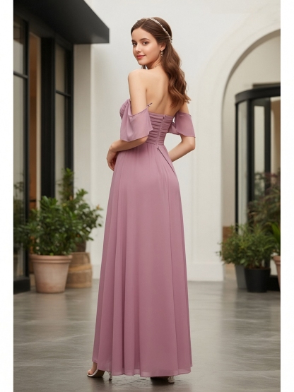 Chiffon Off Shoulder Evening Dresses with Pleats