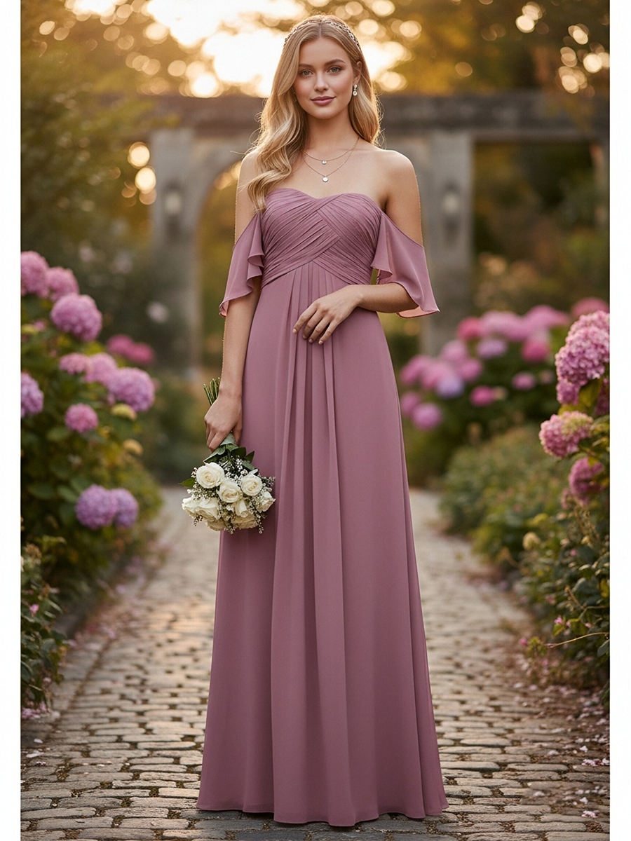 Chiffon Off Shoulder Evening Dresses with Pleats