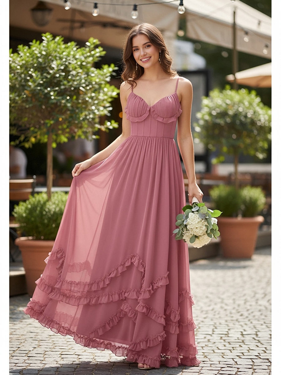 Chiffon Spaghetti Straps Evening Dresses with Ruffles