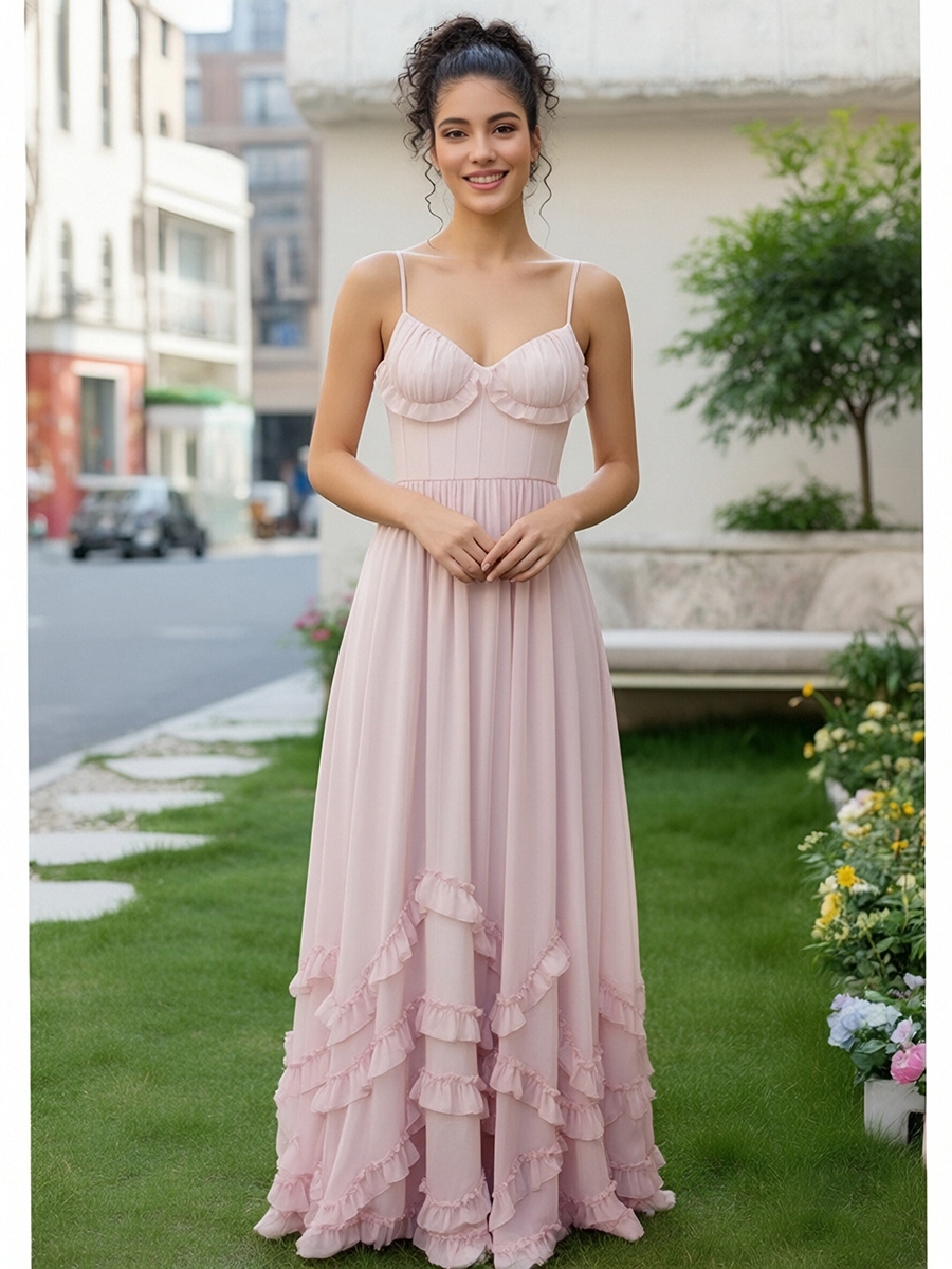 Chiffon Spaghetti Straps Evening Dresses with Ruffles