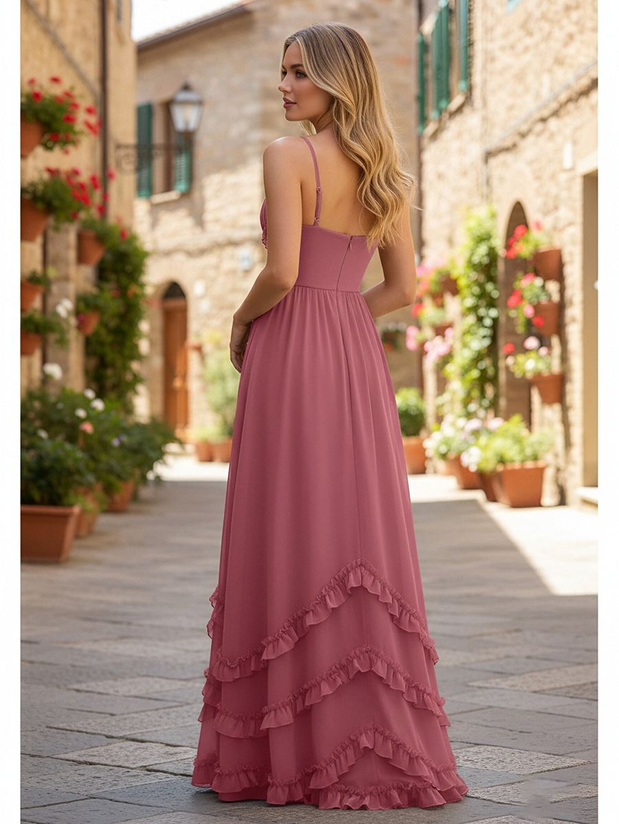Chiffon Spaghetti Straps Evening Dresses with Ruffles